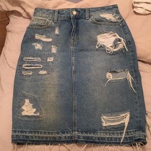 Zara high waisted distressed denim midi skirt